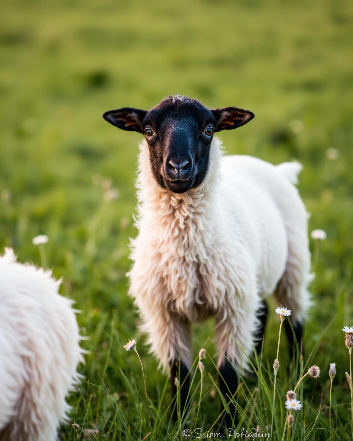 A Valais Blacknose sheep in a meadow